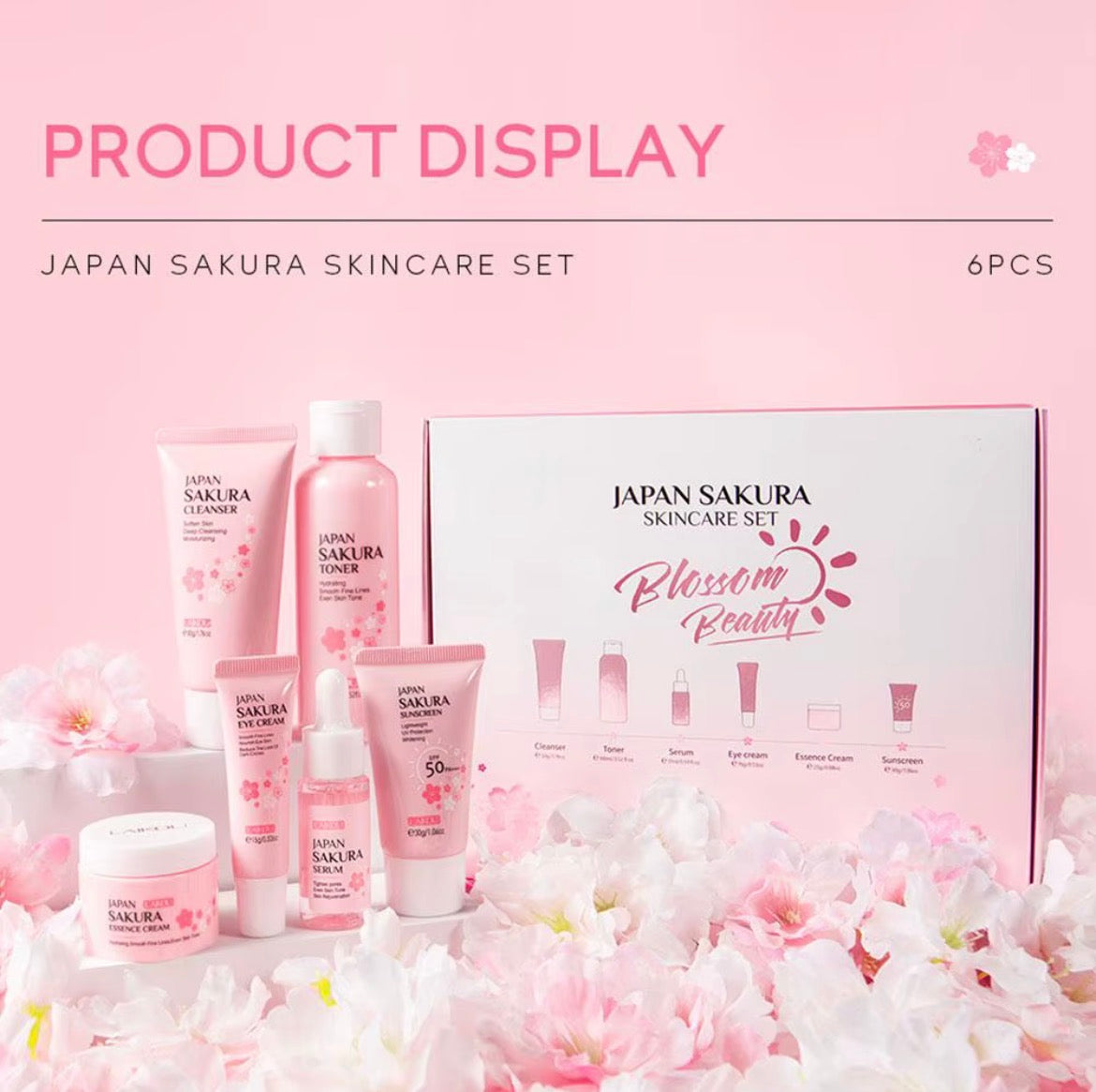 6 pcs/set Sakura Skin Care Sets Face Cream Serum Toner Face Cleaner Sunscreen Eye Cream Face Skin Care Set Product Gift Box